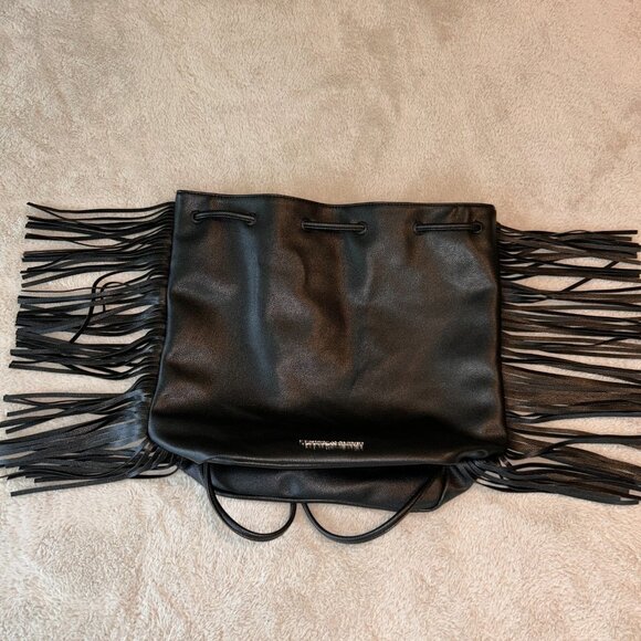 Victoria Secret Black Faux Leather Fringe Purse Back Pack Drawstring Western - Picture 1 of 16
